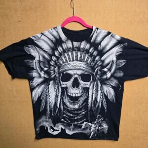 Vintage All Over Print Chief Native Aztec Horse Black Shirt Mens XL